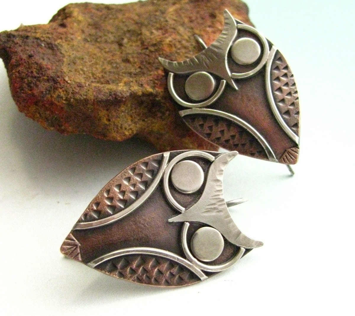 Athena Mixed Metal Sterling Silver And Copper Owl Earrings - Wearable Art Metal Jewelry