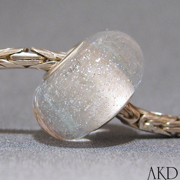 SRA Euro Glass Charm OOAK Handmade Lampwork Bracelet Bead Silver Glitter in Clear Snow Globe