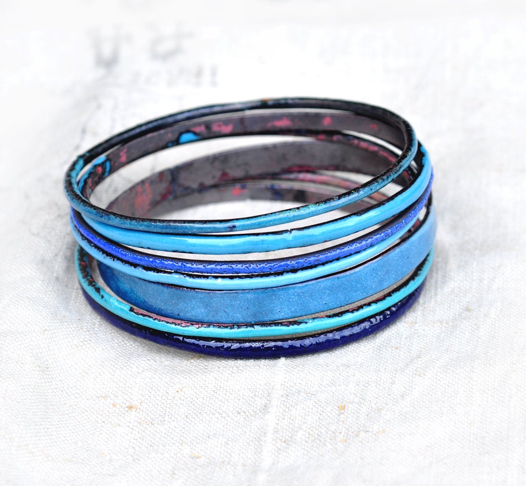 S A L E - Handcrafted Bangle Set - 'Bluey' - Blue Toned Enamel Bracelets