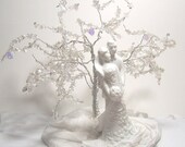 Wedding Cake Topper Tree of Life Sculpture - Modern Porcelain Couple Figurine, Winter Wedding.  Silver,  Quartz Crystal, Pearl, Swarovski