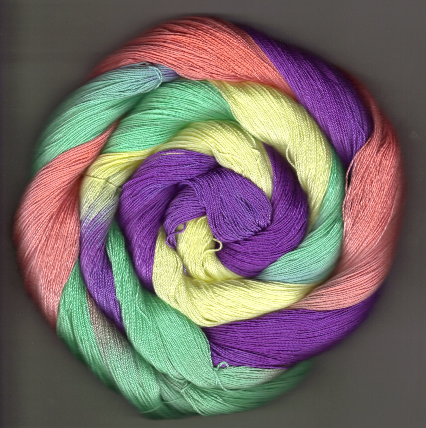 Size 10 Hand Dyed Cotton Crochet Thread  yellow purple green peach Mialyn