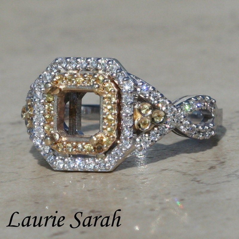 Double Halo of Yellow Sapphires and Diamonds Semi Mount for an Asscher, Cushion, Radiant, or Princess Cut Gemstone - LS1788