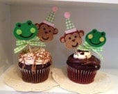 Frog and Monkey Cupcake Toppers and Stickers for Birthday Party Set of Six