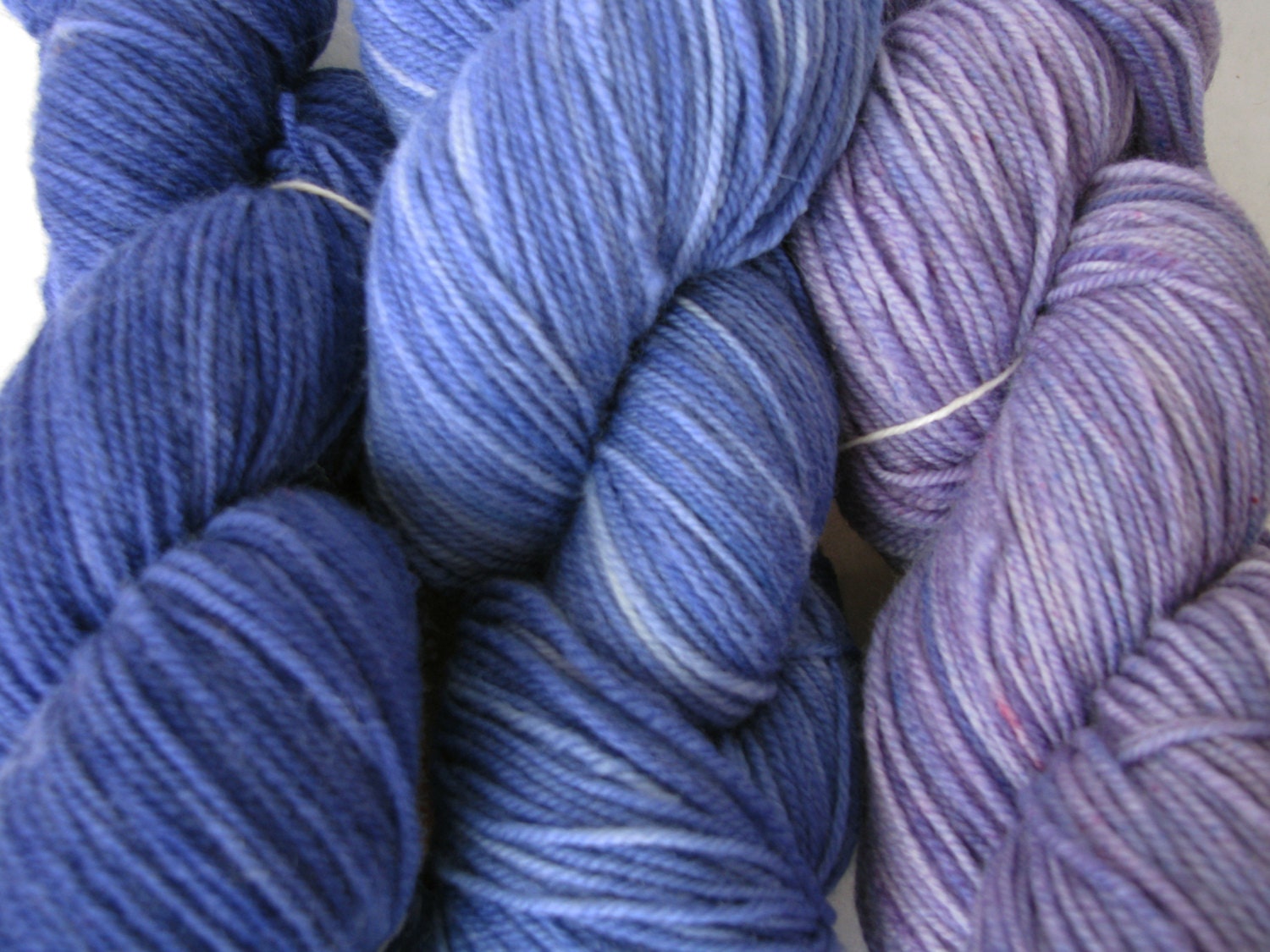 Shawl Triad: Three Skeins Aerialist Sock Yarn  Merino Superwash Colors Lavender Sachet, Periwinkle and Deep Blue Sea