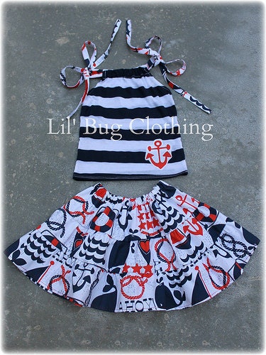 Custom Boutique Clothing Knit Navy Blue  Stripes Halter Nautical Anchor Whale 4th of July Tiered Skirt Halter