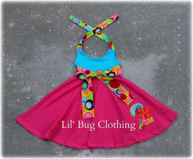 Custom Boutique Personalized Fun Dots  Birthday Halter Dress Hot Pink And Aqua Comfy Knit Dress