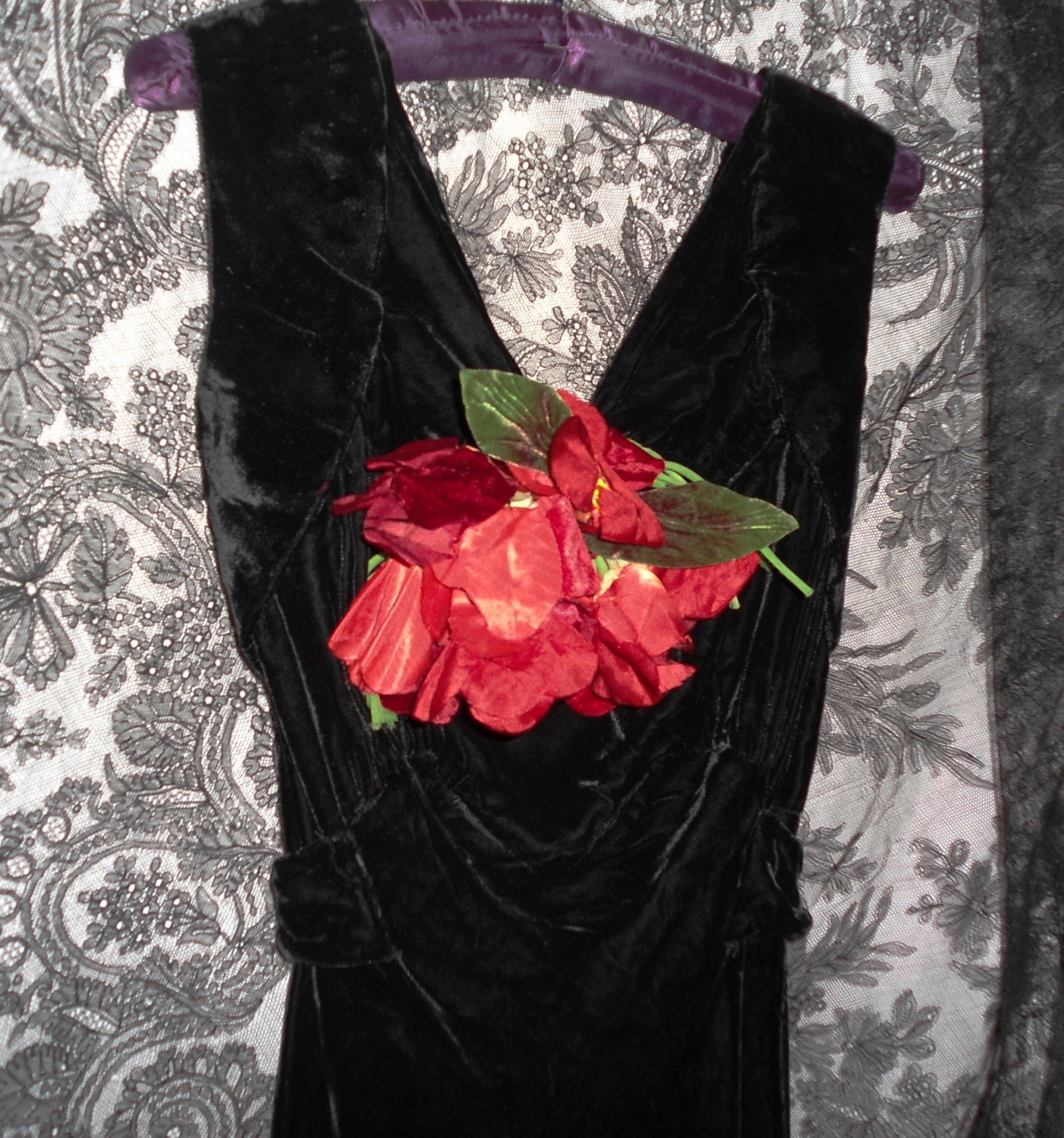 1930s Art Deco Bias Cut Slinky Black Velvet Dress