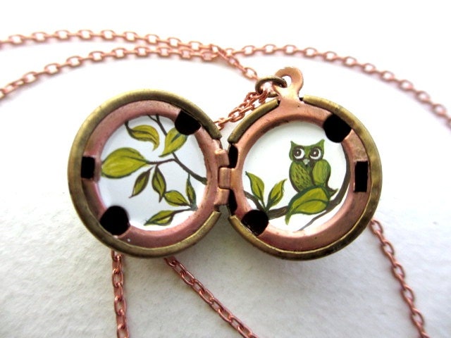 Spring Owl Locket with Green Leaves, Feathers and Branches - Hand-Painted Miniature - Vintage Stock Brass Ball