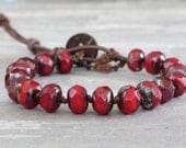 Ruby Red Bohemian Beach Wrap Bracelet HandMade on Maui, Hawaii. Dark Red Picasso Czech Glass With Coconut Shell Button