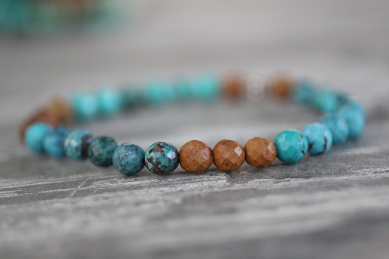 All Natural Turquoise Beaded Stretch Bracelet. Faceted Multicolored Turquoise With Bali Sterling Silver Bead. Blue Green Brown