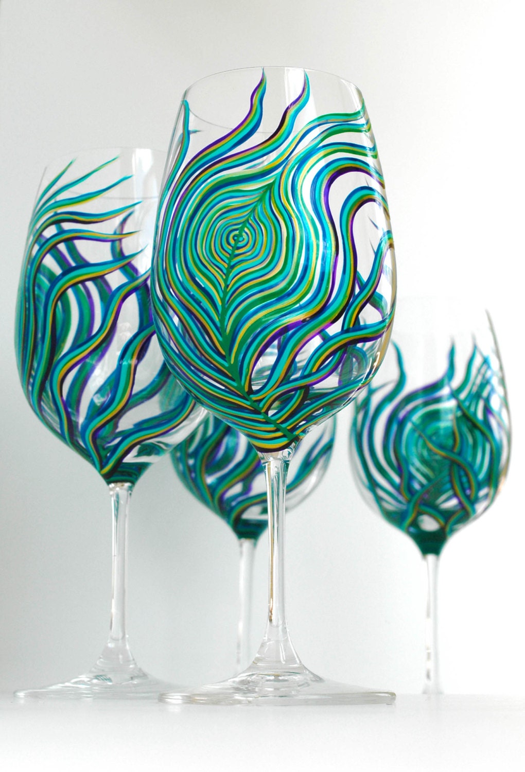 Peacock Feather Wine Glasses - Set of 4 Hand Painted Peacock Glasses - Peacock Themed Wedding