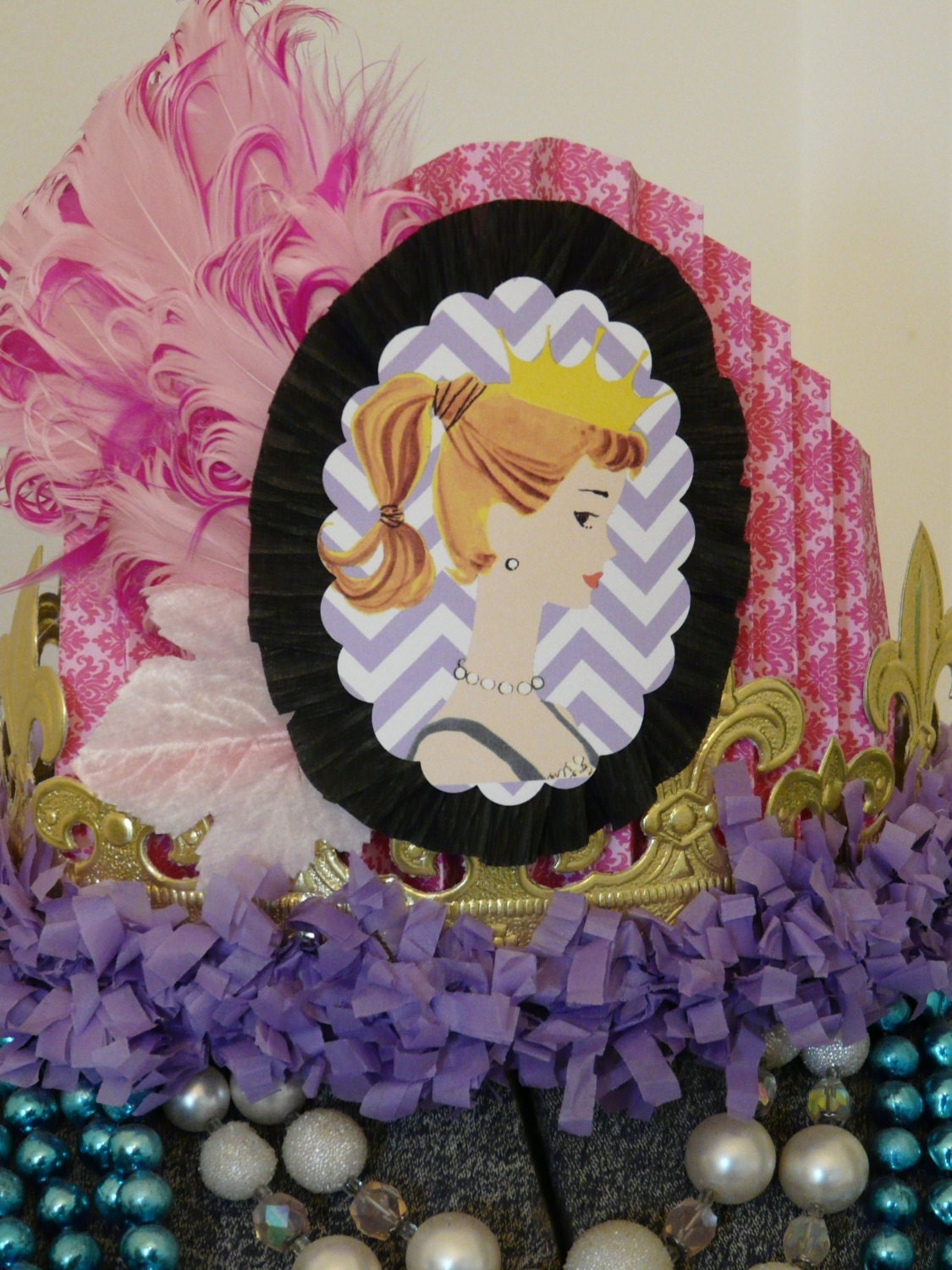 Vintage Barbie Happy Birthday Party Crown, feathers, hot pink, purple, photo prop, custom