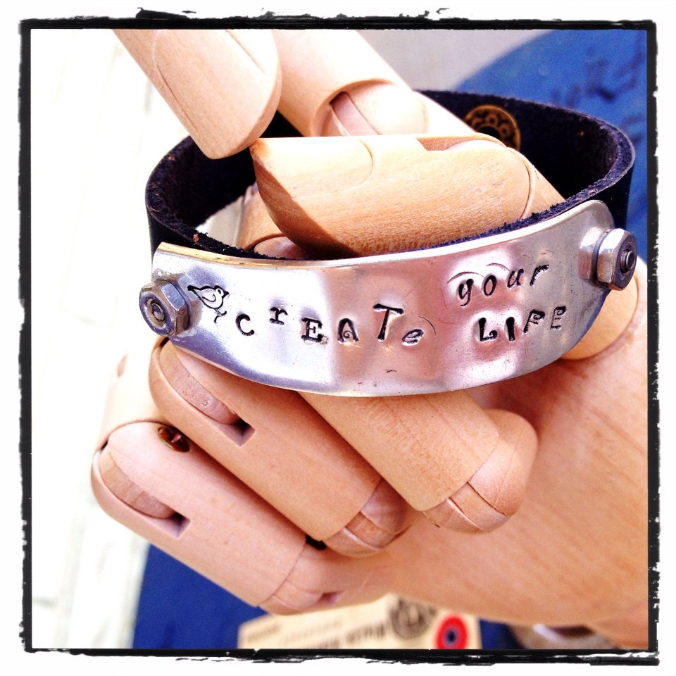 Create your life stamped knife blade leather cuff in black