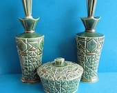 Vintage Three Piece Mid-Century Emerald Green Ceramic Dresser Set