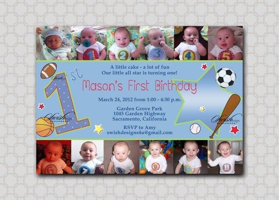 Collage First Birthday Digital Invitation- Sports baseball football basketball Digital - 5x7 Il_570xn