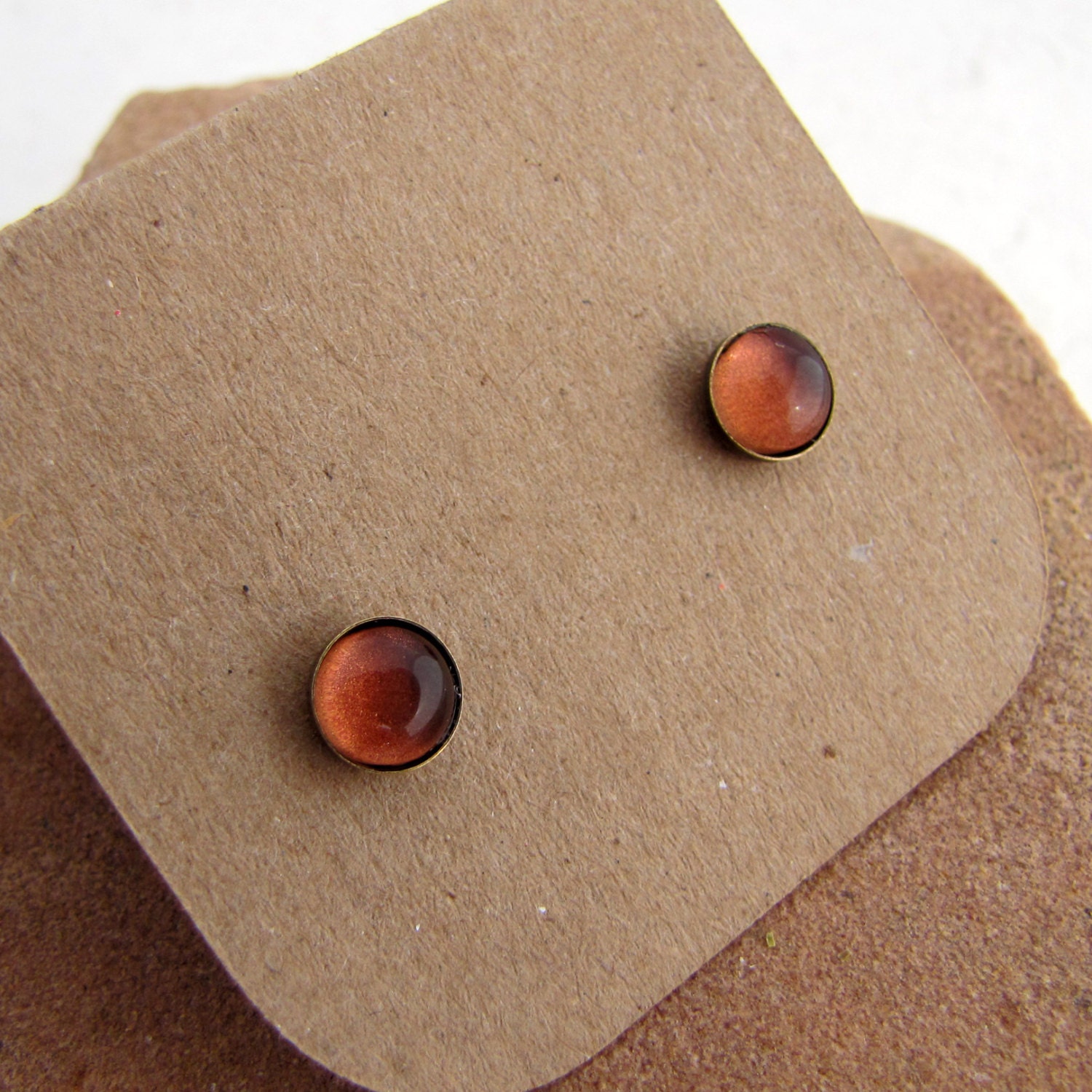 Amber Shimmer Earrings - Tiny Stud Earrings - Antiqued Brass Copper Raw Honey Amber Shimmer