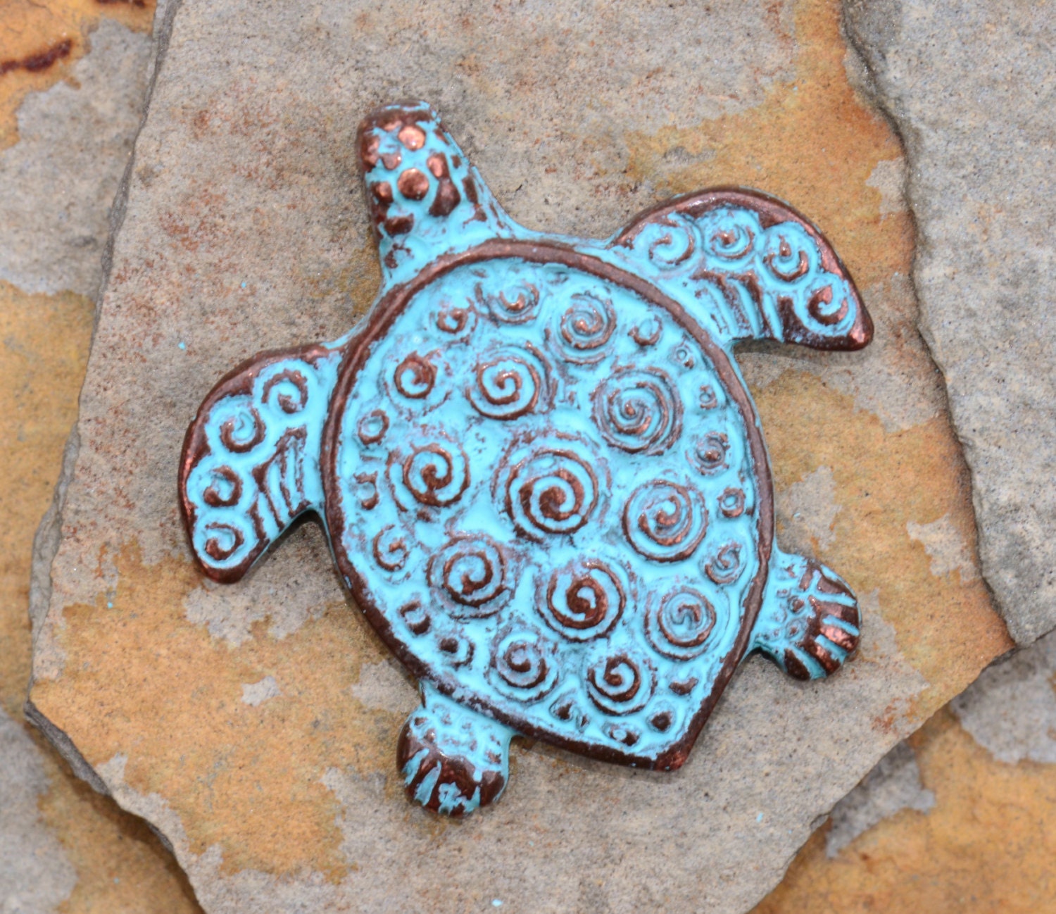 1 Green Patina Spiral Turtle Pendant