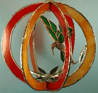 3D Orange and Green Stained Glass Humming Bird Suncatcher