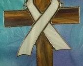 Stained Glass Cross with Light Gray Ribbon Suncatcher for Brain cancer Awareness
