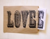 LOVE dish towel - hand printed - linocut - font