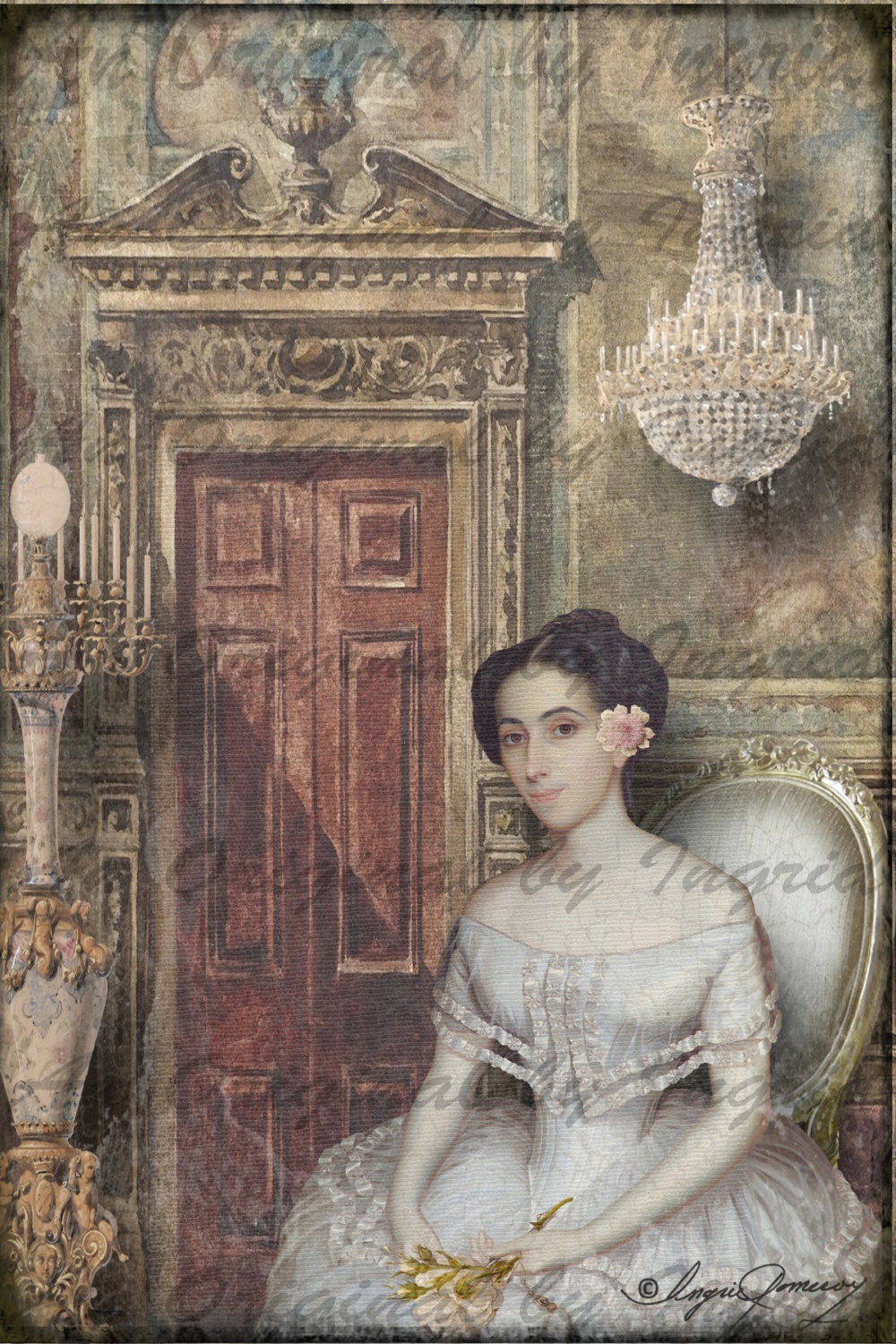 Pretty Lady with Rose Digital Collage Greeting Card (Suitable for Framing)