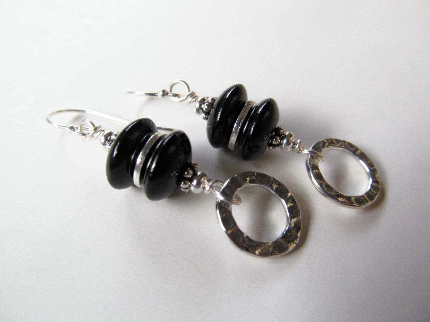 Black Onyx and Hammered Hoops Sterling Silver Earrings