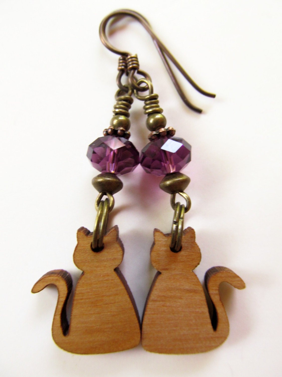 Cat Wood Silhouette and Amethyst Swarovski Crystal Niobium Earrings - Kitty Cat