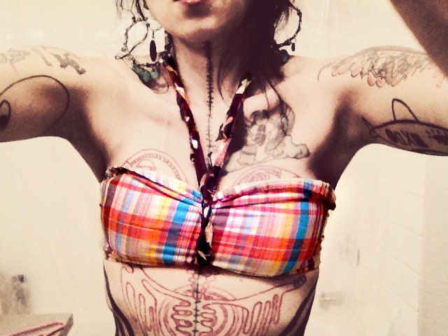 Gypsy Halter Top, Bohemian Harem Bra, orange blue brown plaid, Goddess tank top, Crude Things Summer Festivals Fashion