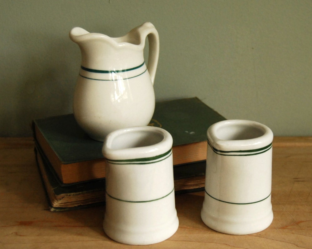Vintage Creamers Restaurantware Milk Pitcher Pitcher Trio Green Stripe White