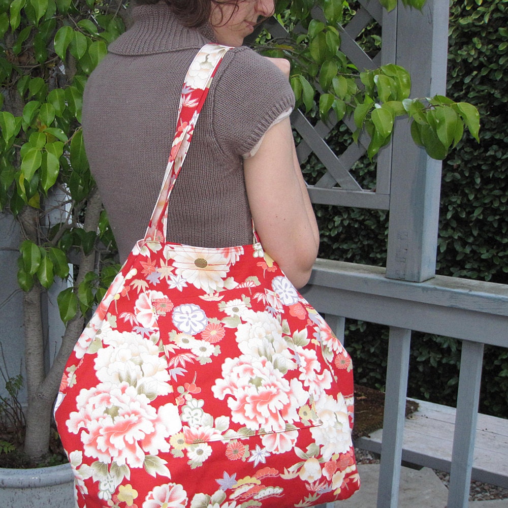 Peony Design Extra Large Tote Bag Japanese Asian Canvas Fabric