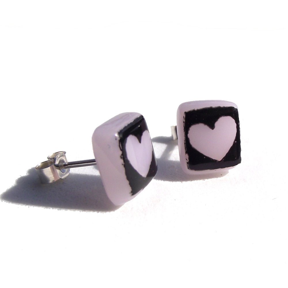 Heart Stud Earrings Glass Pink Black Enamel Sterling Silver 925