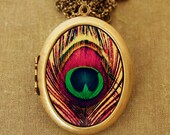 Bohemian - Colorful Peacock Feather Grande Photo Locket Necklace