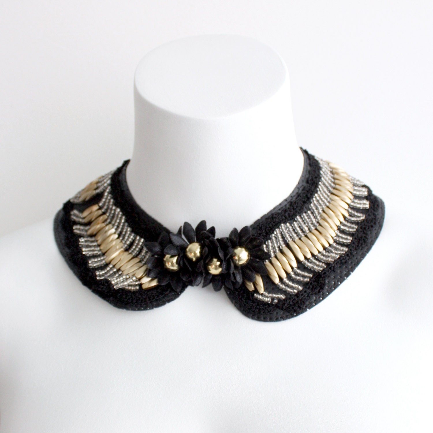 Black and Gold Beaded Collar - Peforated leather, crochet and beads