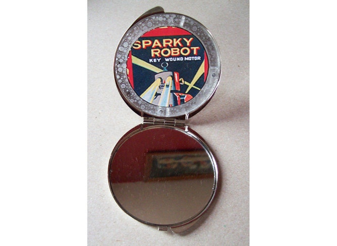robot pocket mirror retro vintage compact 1950's tin toy art kitsch