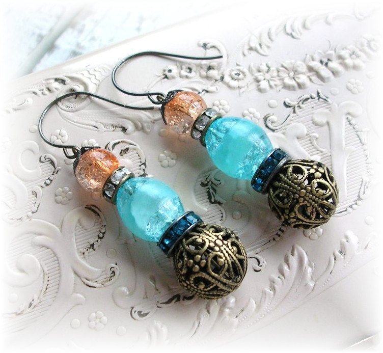 3 Tier Beaded Crackle Glass Filigree Earrings Dangles Coral Turquoise Teal Rhinestones Brass Hooks