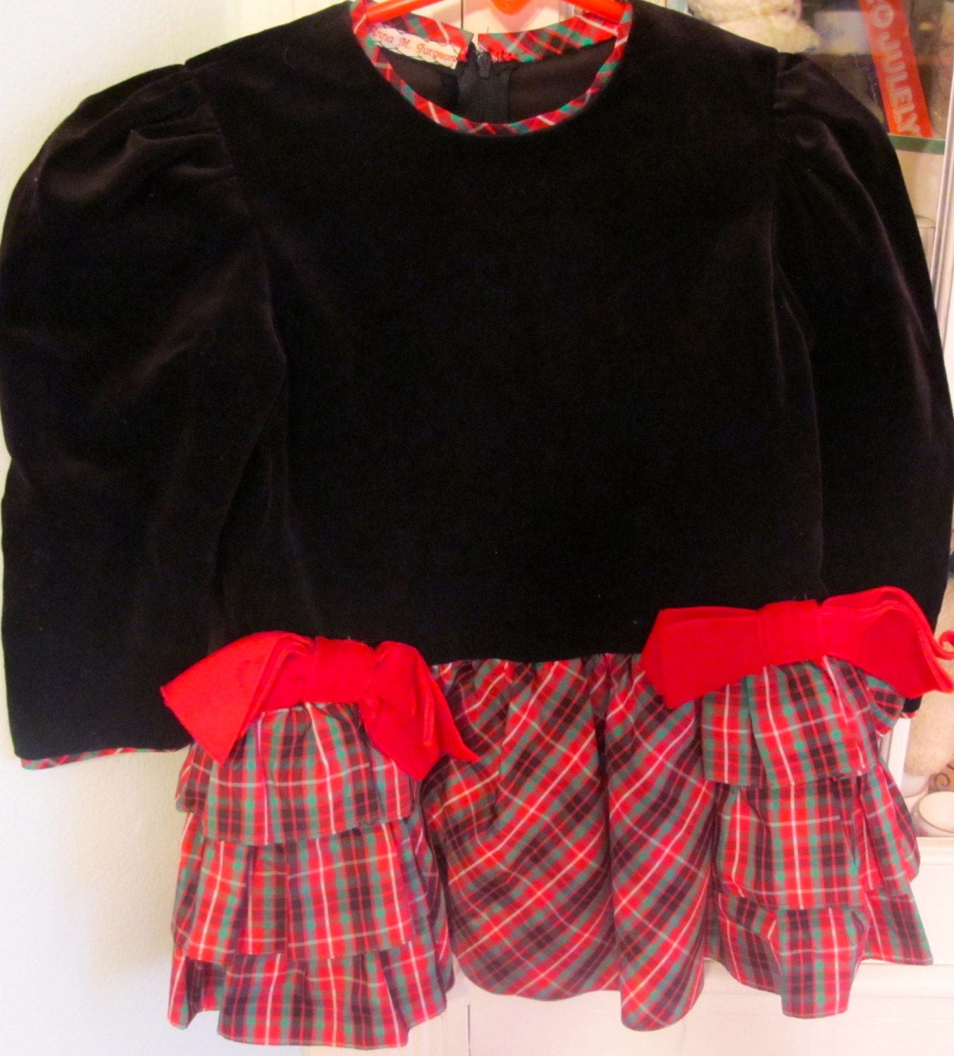 Handmade Velvet and Plaid Dress 18-24 Months
