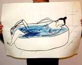Lady in Bath. Original Giant Illustration. Oil stick and Gouache.