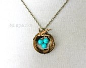 Turquoise Bird Nest Necklace in Antique Brass