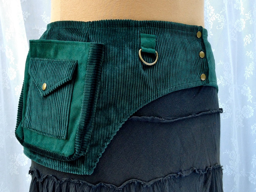 Plus size fanny pack - fabric festival belt - steampunk pocket belt - green corduroy belt - XXL - bluemoonkatherine