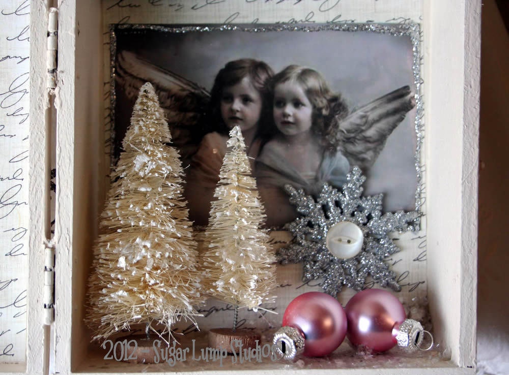 Altered Angels Christmas Shadow Box with Bottle Brush trees and sparkling embellishments OOAK