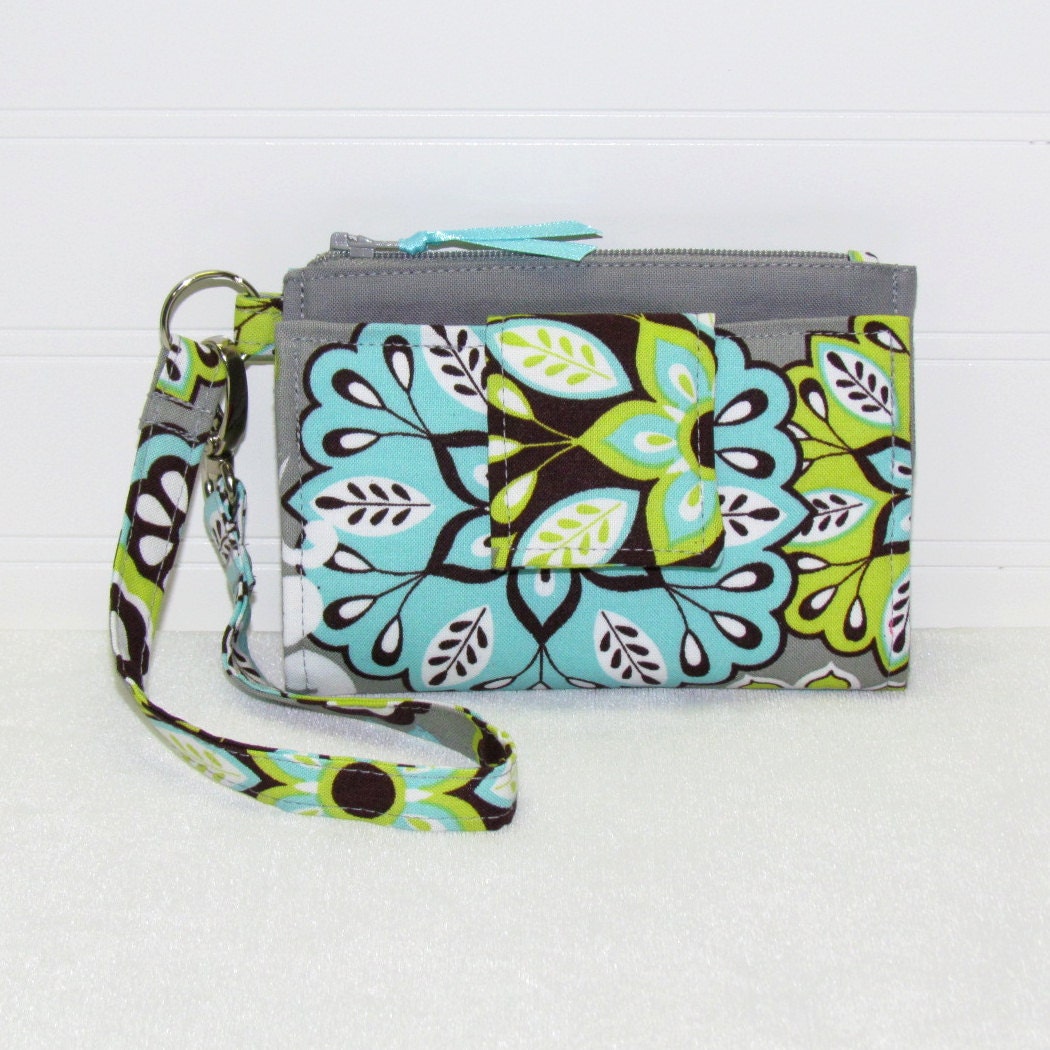 ROOMY TECH Cell Phone Wristlet Case Card Pocket Holder iPhone Wallet Purse / Teal Green Paisley