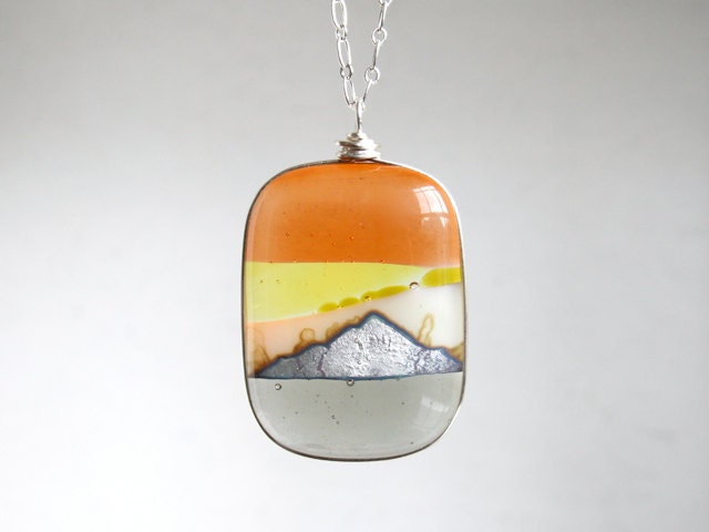 Mountain Range Fused Glass Pendant - Silver - Transparent Coral, Yellow and Grey - Summer