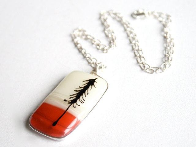 Fused Glass Pendant with Hand Painted Sitka Tree Silhouette - 18" Necklace Cream & Coral