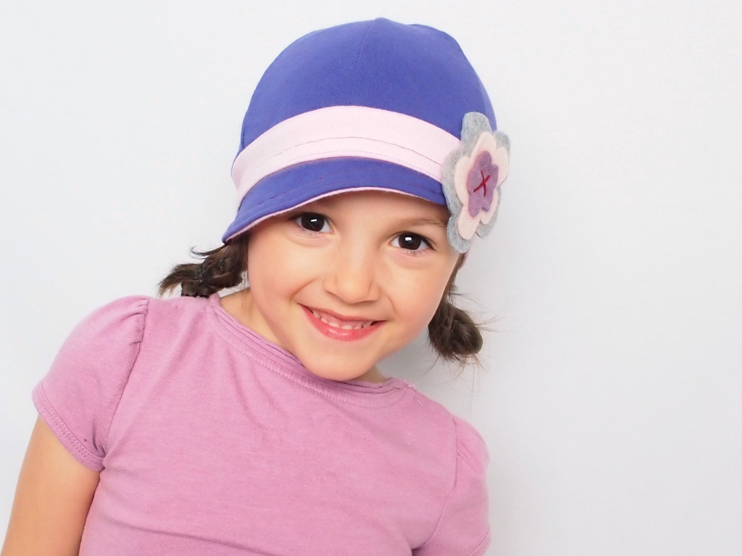 Bicolor hat. Purple with pink kids hat with flower. Children accessories