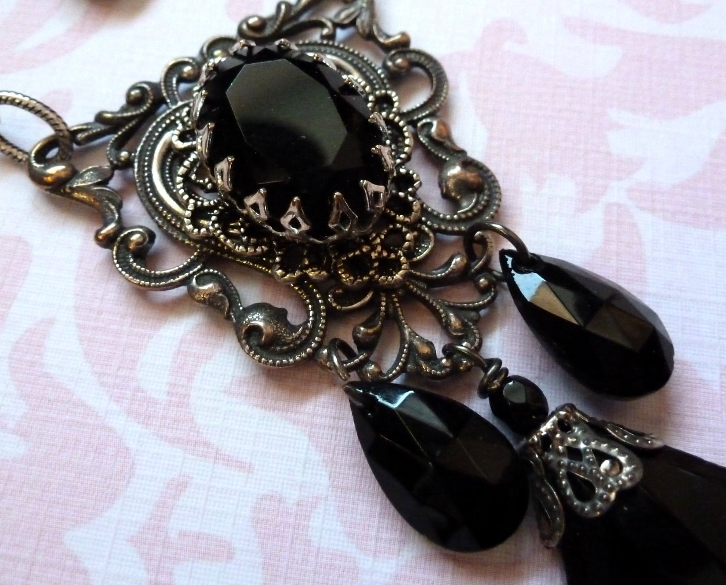ornate Multi Strand filigree gothic chandelier necklace silver black Alchemy