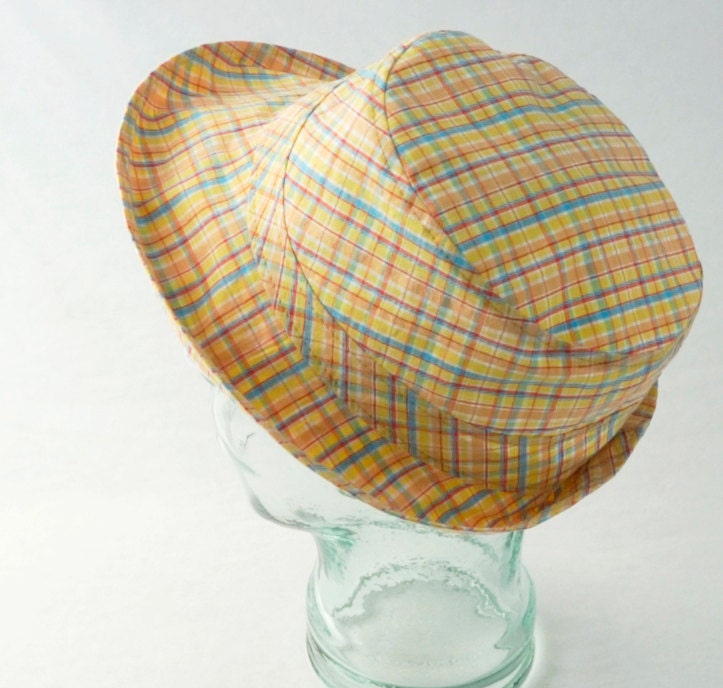 Cotton Sunhat in Orange, Blue, and Yellow Plaid : Womens, Girls Hats - M