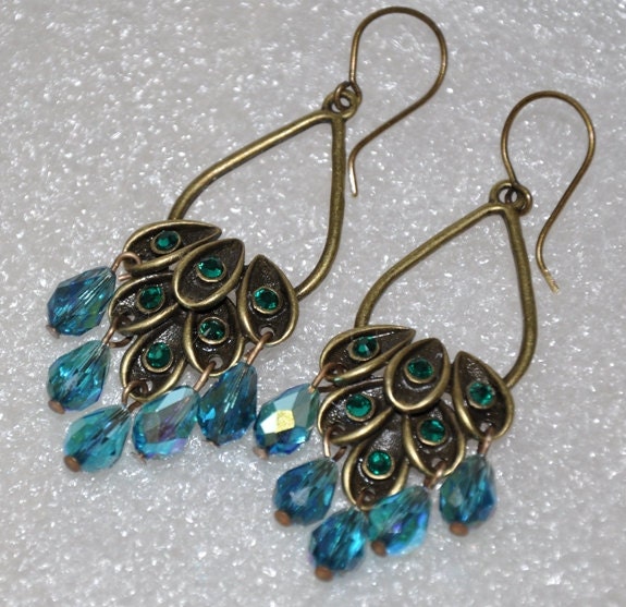 Peacock Earrings, Chandelier Earrings, Bronze Flower Earrings, Emerald Green Swarovski Crystals, Blue Crystals, Fashion Jewelry, Dangle