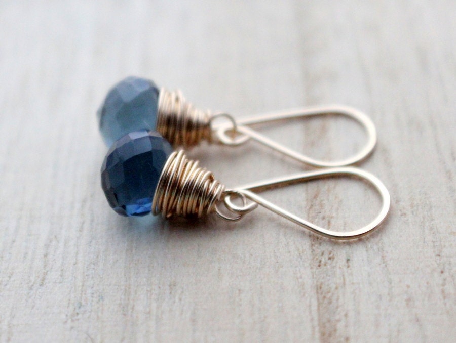 Quartz Drop Earrings, Gold Filled, London Blue Cornflower Gemstones, Gifts Under 50