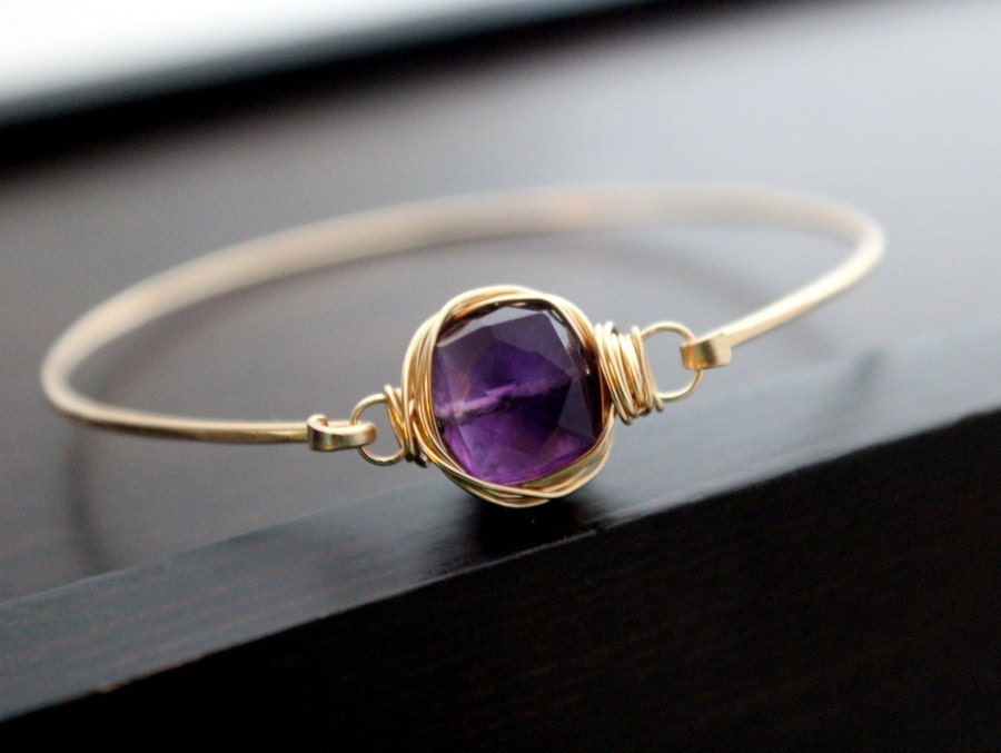 Amethyst Gold Bracelet, Bezel Style Wire Wrap, 14K Gold Filled Cuff, Minimalist Fashion