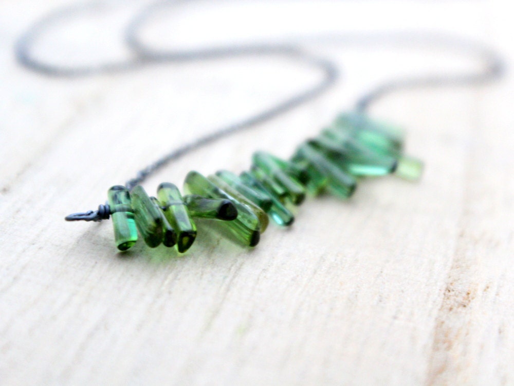 Tourmaline Fringe Necklace, Sterling Silver, Geek Fashion, Moss Green Gemstone - Bar Graph
